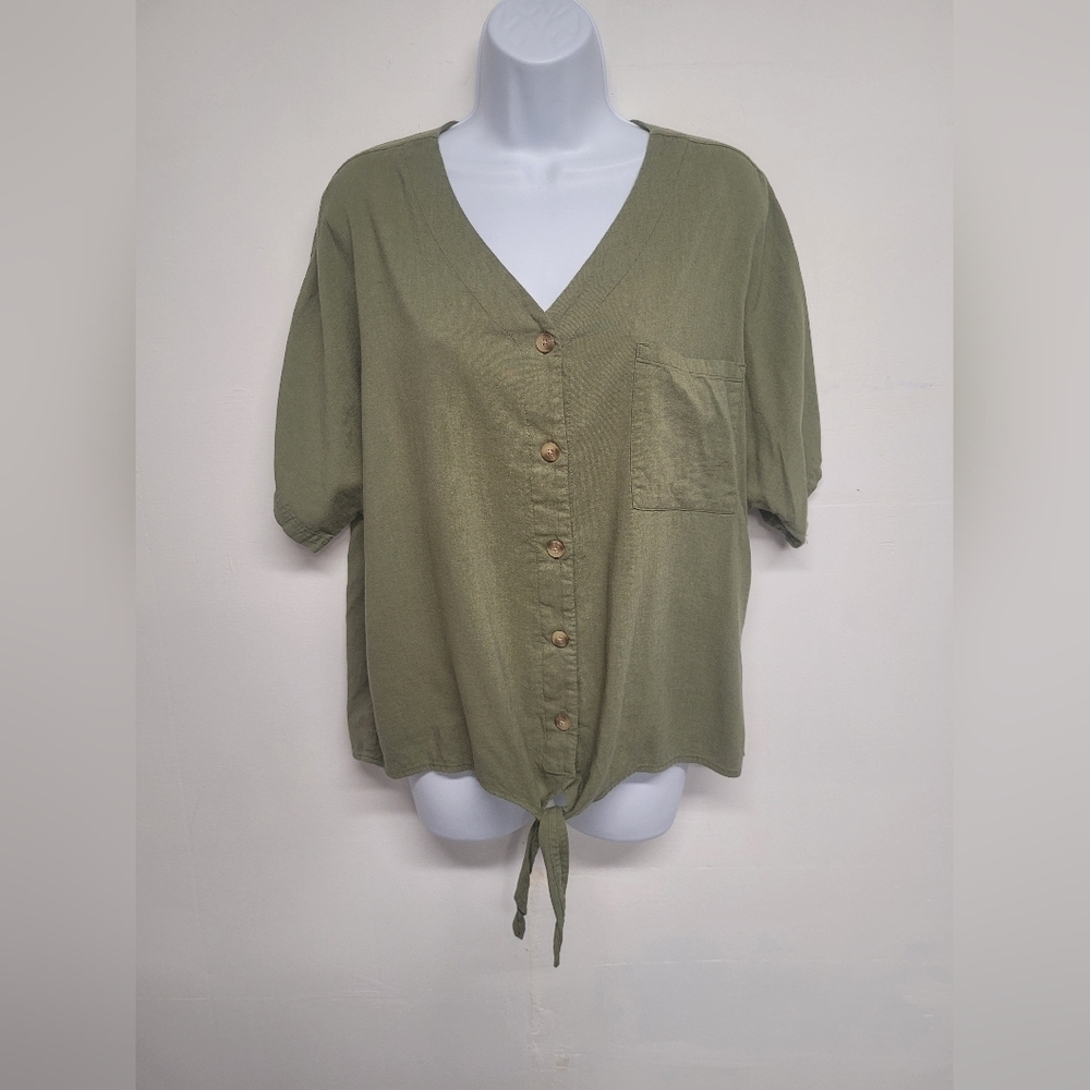Time And Tru Olive Green Button Down Tie Waist Top L 12-14 V Neck